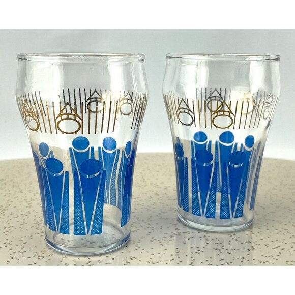 Vintage pair of 60s water glasses, blue and gold tumblers, MCM barware - Picture 3 of 7